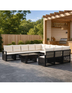 Set Divano da Giardino 12 pz Nero e Bianco Crema polyrattan