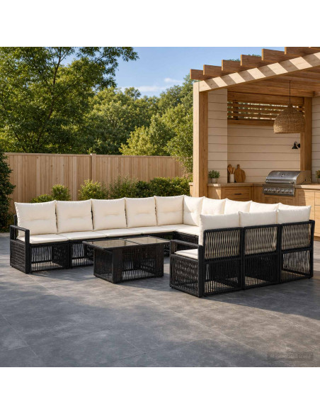 Set Divano da Giardino 12 pz Nero e Bianco Crema polyrattan