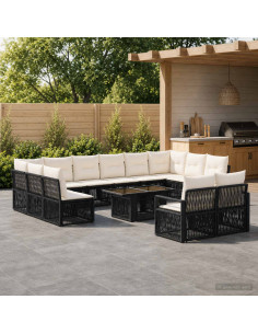 Set Divano da Giardino 13 pz Nero e Bianco Crema polyrattan