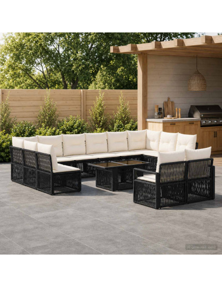 Set Divano da Giardino 13 pz Nero e Bianco Crema polyrattan