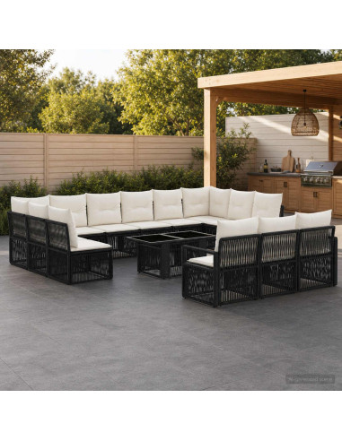 Set Divano da Giardino 14 pz Nero e Bianco Crema polyrattan