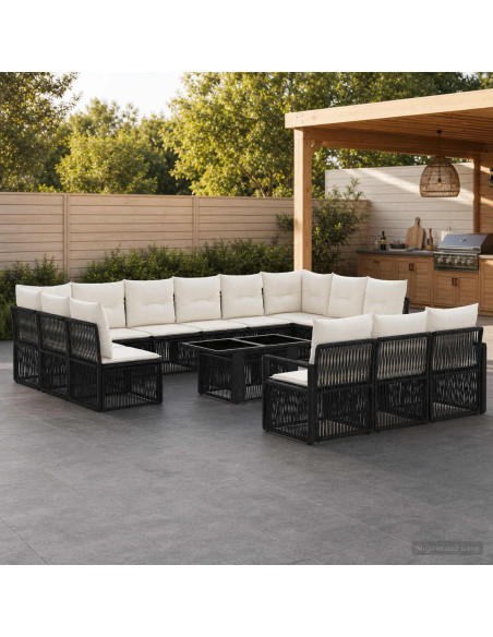 Set Divano da Giardino 14 pz Nero e Bianco Crema polyrattan