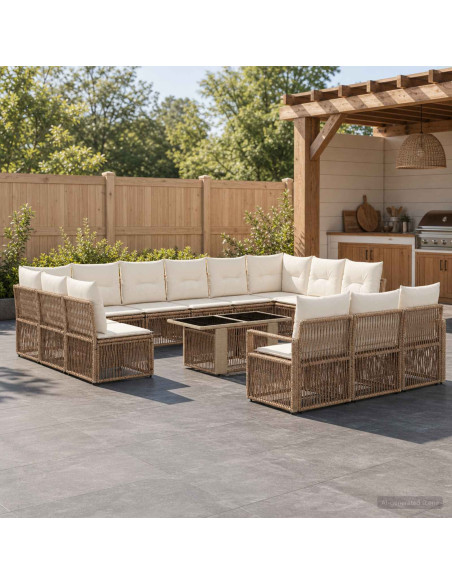 Set Divano da Giardino 14 pz Beige e Bianco Crema polyrattan