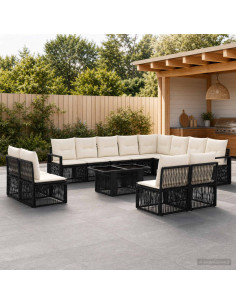 Set Divano da Giardino 13 pz Nero e Bianco Crema polyrattan