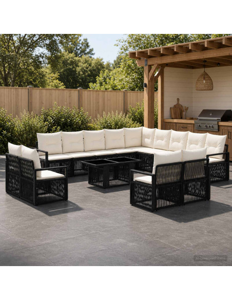 Set Divano da Giardino 14 pz Nero e Bianco Crema polyrattan