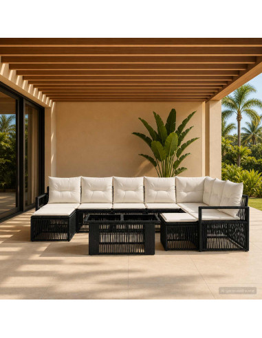 Set Divano da Giardino 10 pz Nero e Bianco Crema polyrattan