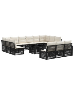 Set Divano da Giardino 14 pz Nero e Bianco Crema polyrattan 2
