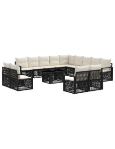 Set Divano da Giardino 14 pz Nero e Bianco Crema polyrattan 2