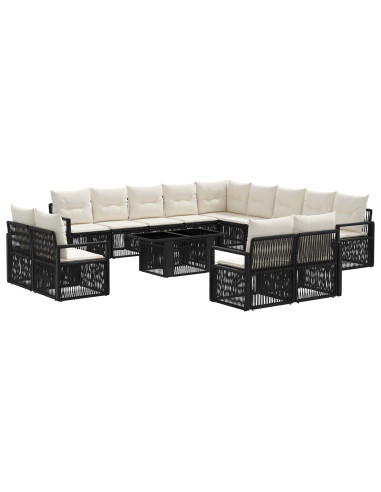 Set Divano da Giardino 14 pz Nero e Bianco Crema polyrattan