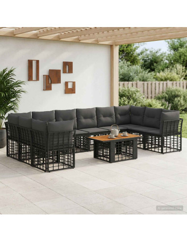 Set Divano da Giardino 11 pz Nero e Grigio scuro polyrattan
