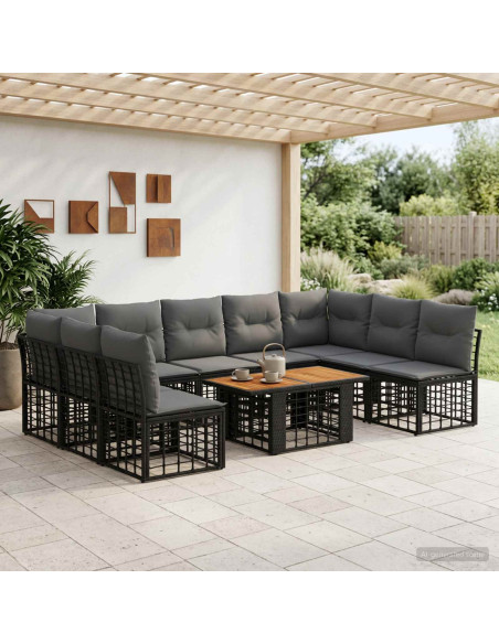 Set Divano da Giardino 10 pz Nero e Grigio scuro polyrattan