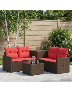 Set di divani 6 pz Marrone e Rosso Rattan sintetico e Acciaio