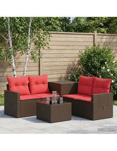 Set di divani 6 pz Marrone e Rosso Rattan sintetico e Acciaio