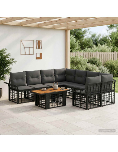 Set Divano da Giardino 9 pz Nero e Grigio scuro polyrattan