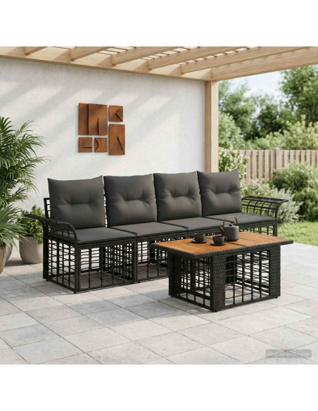 Set Divano da Giardino 5 pz Nero e Grigio scuro polyrattan