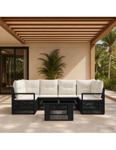 Set Divano da Giardino 7 pz Nero e Bianco Crema polyrattan