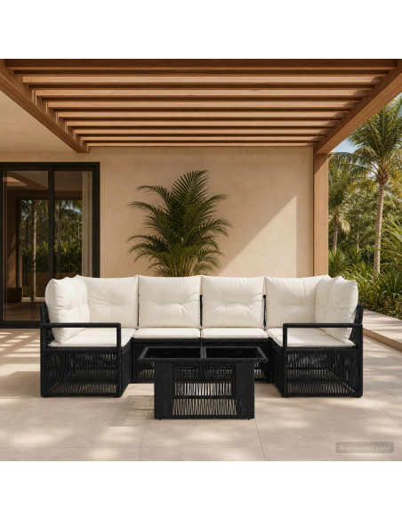 Set Divano da Giardino 7 pz Nero e Bianco Crema polyrattan