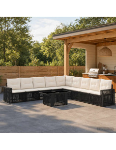 Set Divano da Giardino 10 pz Nero e Bianco Crema polyrattan