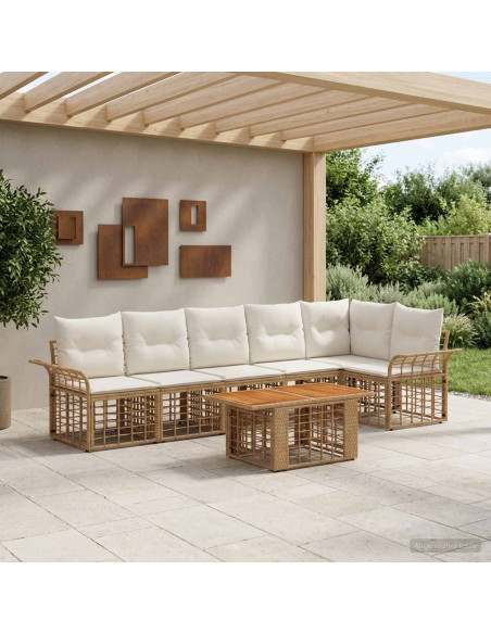 Set Divano da Giardino 7 pz Naturale e Bianco Crema polyrattan