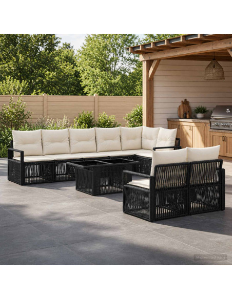 Set Divano da Giardino 9 pz Nero e Bianco Crema polyrattan