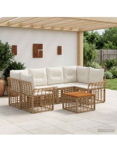 Set di divani da esterno 7 pz Naturale e Bianco Crema
