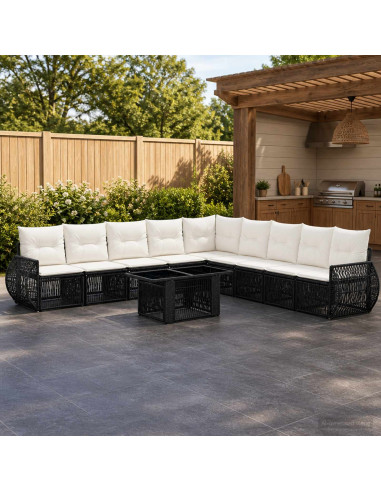 Set Divano da Giardino 10 pz Nero e Bianco Crema polyrattan