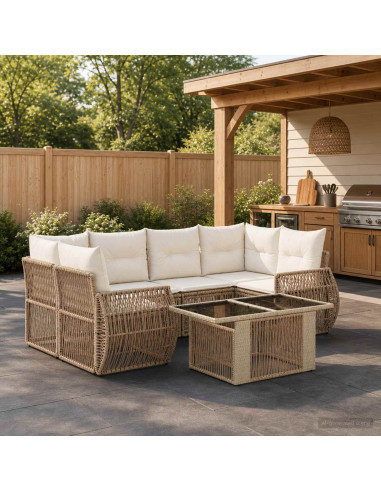 Set Divano da Giardino 7 pz Beige e Bianco Crema polyrattan