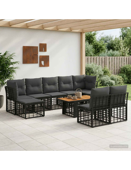 Set Divano da Giardino 10 pz Nero e Grigio scuro polyrattan