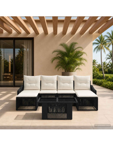 Set Divano da Giardino 7 pz Nero e Bianco Crema polyrattan