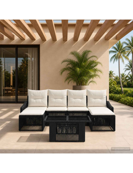 Set Divano da Giardino 7 pz Nero e Bianco Crema polyrattan