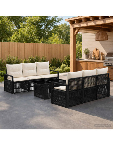 Set Divano da Giardino 7 pz Nero e Bianco Crema polyrattan