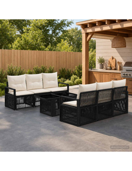 Set Divano da Giardino 7 pz Nero e Bianco Crema polyrattan