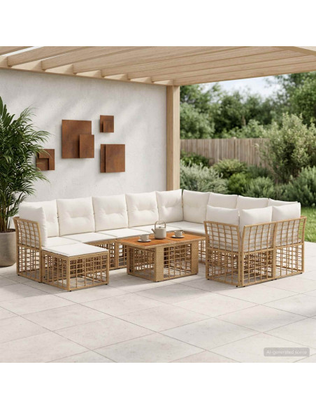 Set Divano da Giardino 11 pz Naturale e Bianco Crema polyrattan