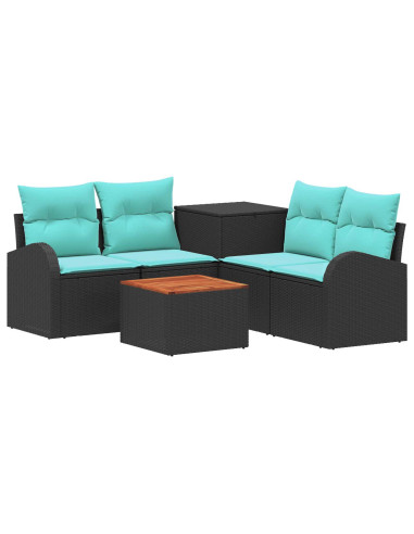 Set di divani 6 pz Nero e Blu Rattan sintetico e Acciaio