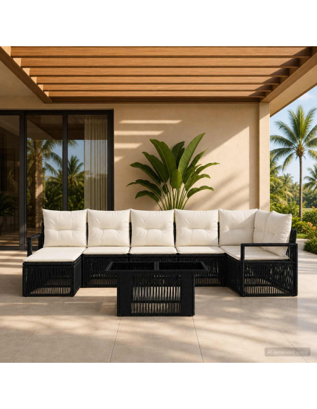 Set Divano da Giardino 8 pz Nero e Bianco Crema polyrattan