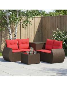 Set di divani 6 pz Marrone e Rosso Rattan sintetico e Acciaio