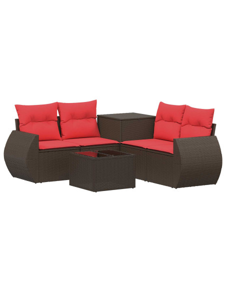 Set di divani 6 pz Marrone e Rosso Rattan sintetico e Acciaio