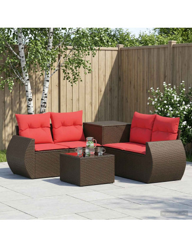 Set di divani 6 pz Marrone e Rosso Rattan sintetico e Acciaio