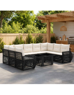 Set Divano da Giardino 10 pz Nero e Bianco Crema polyrattan
