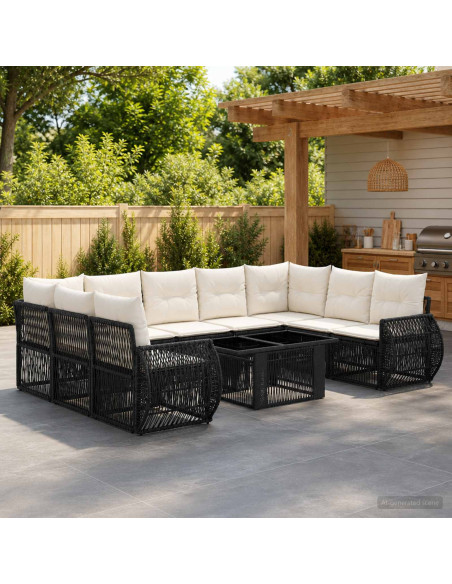 Set Divano da Giardino 10 pz Nero e Bianco Crema polyrattan