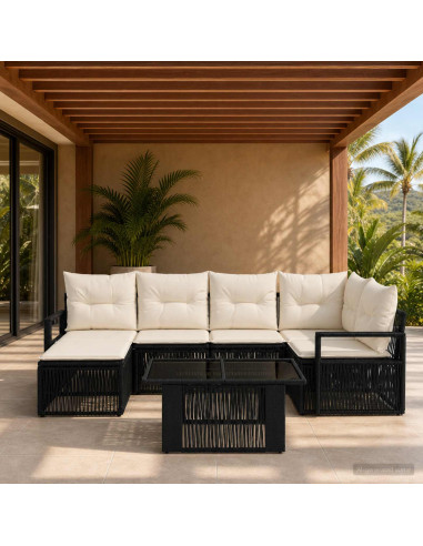 Set Divano da Giardino 7 pz Nero e Bianco Crema polyrattan
