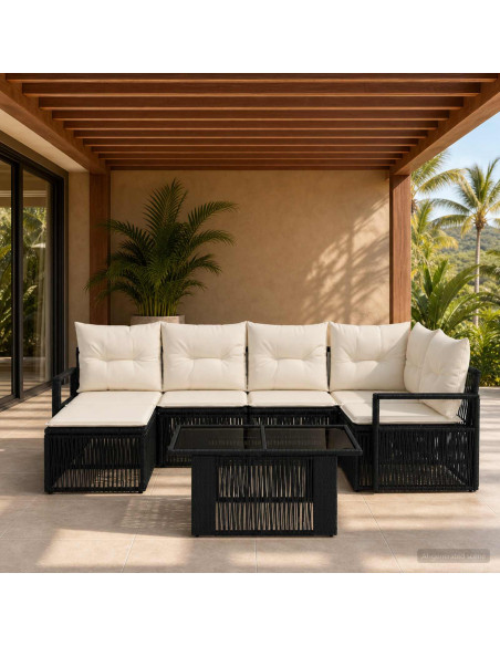 Set Divano da Giardino 7 pz Nero e Bianco Crema polyrattan