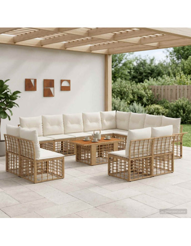Set Divano da Giardino 13 pz Naturale e Bianco Crema polyrattan