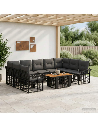 Set Divano da Giardino 10 pz Nero e Grigio scuro polyrattan