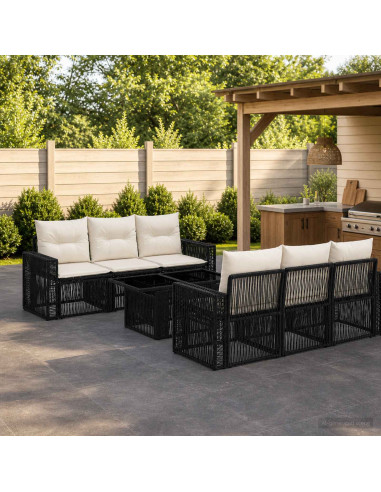 Set Divano da Giardino 7 pz Nero e Bianco Crema polyrattan