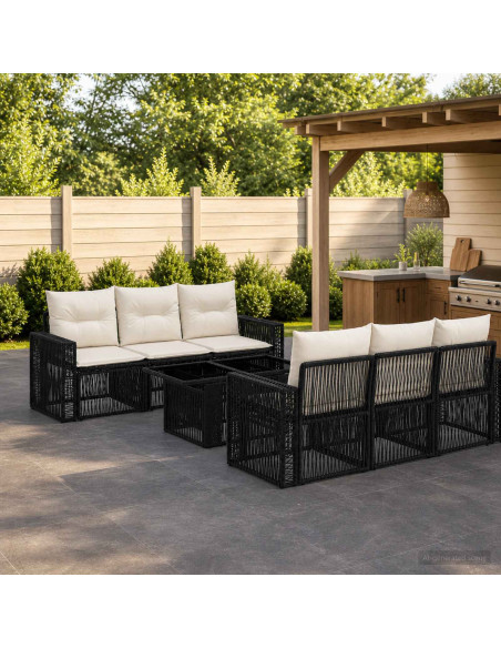 Set Divano da Giardino 7 pz Nero e Bianco Crema polyrattan