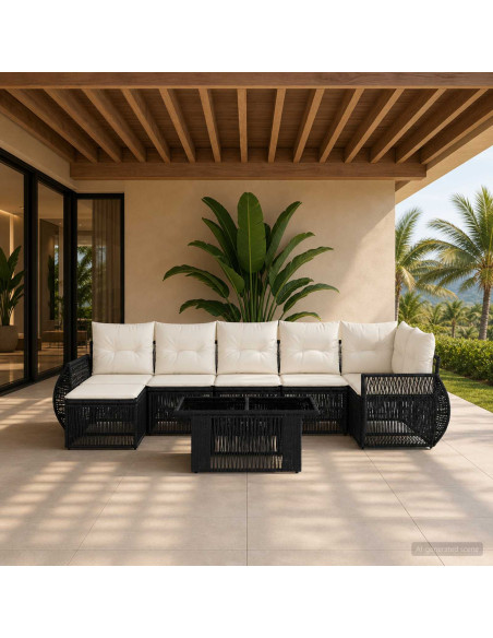 Set Divano da Giardino 8 pz Nero e Bianco Crema polyrattan