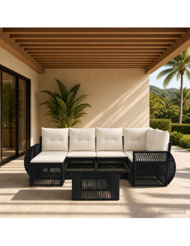 Set Divano da Giardino 7 pz Nero e Bianco Crema polyrattan