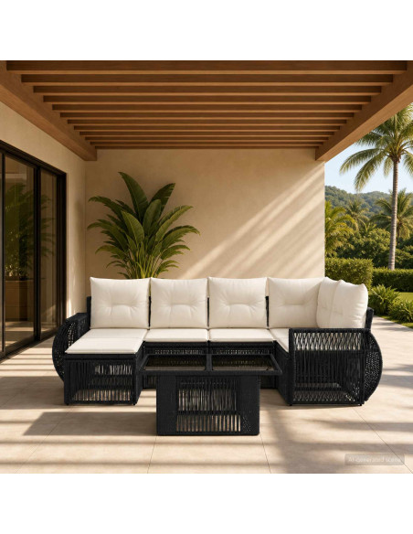Set Divano da Giardino 7 pz Nero e Bianco Crema polyrattan