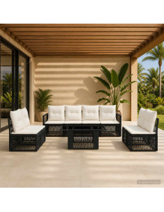 Set Divano da Giardino 9 pz Nero e Bianco Crema polyrattan